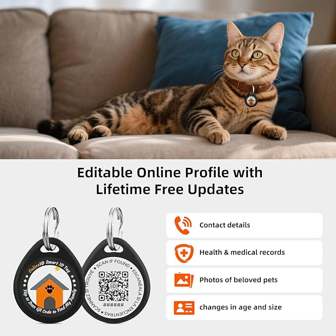 2 Pack Personalized Cat Tags,QR Code Pet ID Tags with Online Profile systerm,Editable Any Names and Phone numbles,Black&Red,S