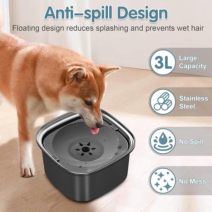 UPSKY 3L Dog Water Bowl 101oz Stainless Steel No Spill Large Capacity Dog Food Water Bowl Slow Water Feeder, Spill Proof Pet Water Dispenser Vehicle Carried Travel Water Bowls