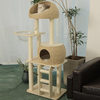 Rattan Cat Tree for Indoor Cats,Tall Cat Tree Tower with Cat Scratching Post,Wood Cat Tower for Indoor Cats,57.5 Inch Tall