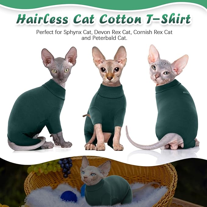 ROZKITCH Sphynx Cat Clothes, Breathable Soft Cat Jumpers for Cats Only, Coat with Four Legs, Warm Sweater T-Shirt Pajamas Jumpsuit Vest Cornish Rex Devon Rex Peterbald DarkGreen M