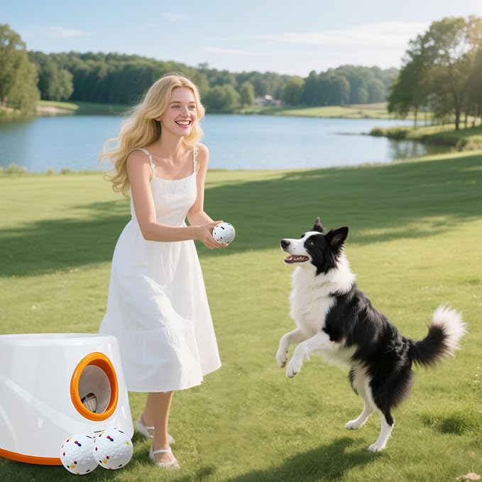 Automatic Ball Launcher for Dogs with 6pcs 2.3 Inch Etpu Tennis Balls,Thrower Distance 20-45ft,interacive Dog Toys for Indoor/Outdoor for Small Or Medium Dogs (White)
