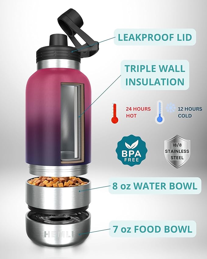 32 oz. Dog Water Bottle, Insulated Dog Travel Water Bottle, Stainless Steel Pet Water Bottle Dispenser Portable Food and Water Bowl for Dogs with Carrying Case for Walking Dog Canteen Travel Kit