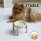6.1inch Ceramic Raised Dog Slow Feeder Set, Elevated Bowl with Wooden Stand for Small Dog and Cat, Puzzle Slow Dog Food Dish, Anti-Gulping(Beige, Single Bowl+ Stand)