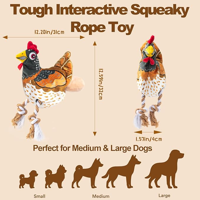 Squeaky Chicken Dog Toy with Pullable Egg – Full-Body Crinkle Plush & Rope Legs, Durable Interactive Toy for Small, Medium & Large Dogs
