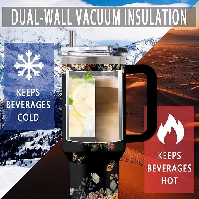 Goth Gifts for Women, 40 Oz Flower of Darkness Tumbler with Handle & Straw, Goth Water Bottle, Birthday Gift for Goths Lover Snake Lovers, Stainless Steel Goths Tumbler, Gifts for Fathers Day