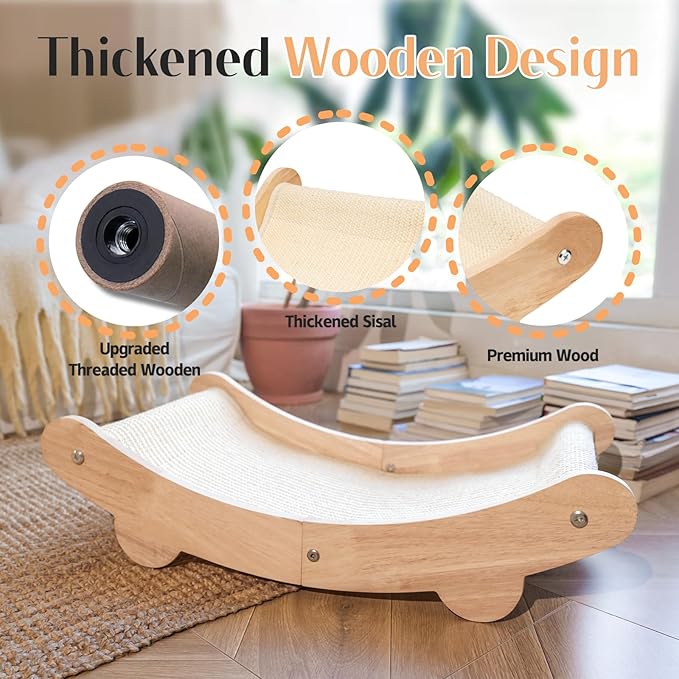 Sisal Cat Scratcher Bed – Solid Wood Cat Chair with Scratching Pad for Large Cats, Eco-Friendly Indoor Pet Furniture for Scratching and Lounging