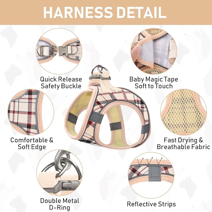 GAMUDA Small Dog Harness Collar and Leash Set, Step in No Chock No Pull Soft Mesh Adjustable Dog Vest Harnesses Plaid Reflective for Dogs Puppy Cats Kitten Rabbit (Beige, L)