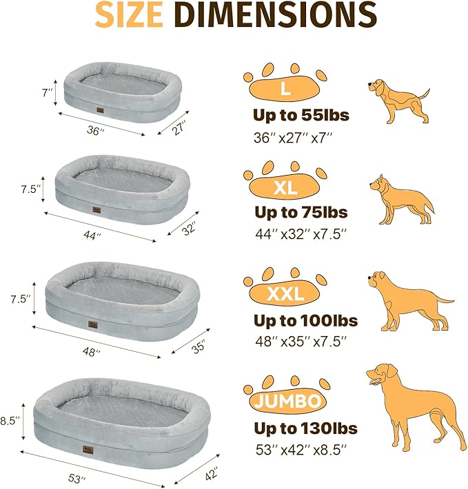 Orthopedic Waterproof Large Dog Bed: Memory Foam Washable Dog Bed with Bolsters - XL Removable Washable Cover for Medium Large Sized Pet - Non-Slip Bottom - Silver