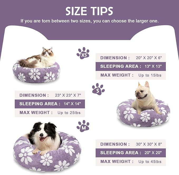 Donut Dog Beds for Small Dogs, Calming Round Cat Beds for Indoor Cats, Cute 3D Textured Flower Pet Bed with Removable Washable Cover and Anti-Slip Bottom（Purple，20"）