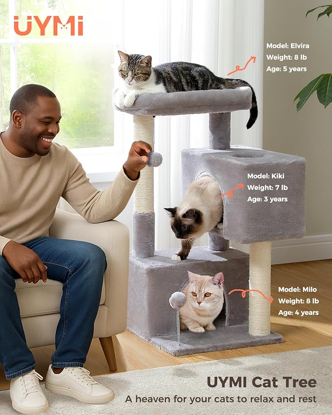 32" Cat Tree Tower for Indoor Cats - 2 Cozy Condos, Multi-Level Cat Scratching Posts with Sisal, Soft Padded Perch, 2 Dangling Toys, Light Grey