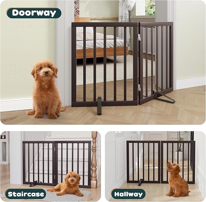 Semiocthome Bamboo Dog Gates Indoor 2-Panel Freestanding Puppy Gates for The House with 2 Metal Stands 24" H Folding Wood Pet Gate for Stairs Doorway, Fully Assembled Safety Fence Espresso