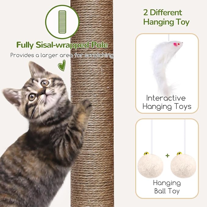 Globlazer Large Cat Tree Condos for Indoor Cats Large Adult, 70inch Tall Cat Tree Condo Tower with 4 Spacious Cat Condo Houses, 3 Sisal Scratching Posts, 2 Adjustable Hanging Baskets, F70C, Beige