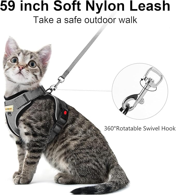 Cat Harness and Leash for Walking, Retractable Cat Harnesses and Leash Set Escape Proof, Breathable Soft Kitten Small Large Harness for Travel Training and Walking, Grey, S