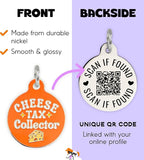 Personalized QR Code Dog Tags - Choose from 25+ Tag Designs - QR Code Links to Your Profile - Unique, Cute, Funny, Sassy Pet ID Tag (Cheese Tax Collector, Large (1.25 inch))