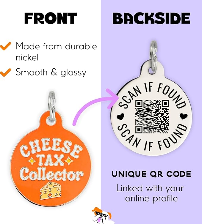 Personalized QR Code Dog Tags - Choose from 25+ Tag Designs - QR Code Links to Your Profile - Unique, Cute, Funny, Sassy Pet ID Tag (Cheese Tax Collector, Large (1.25 inch))