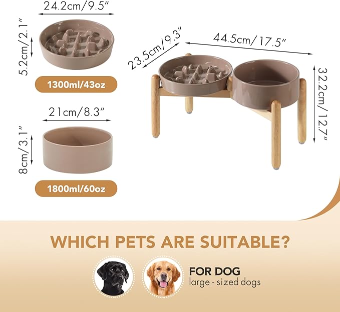 Ceramic Raised Slow Feeder Dog Bowl Set, Elevated 8.2inch Bowl and 9.5inch Slow Pet Food Dish with Wooden Stand for Large Dog (2 x Brown Coffee+ Stand)