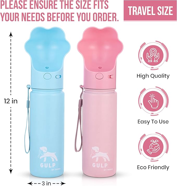 Gulp by Duna 18oz Travel Dog Water Bottle with Paw-Shaped Bowl, Insulated Stainless Steel | Leakproof Portable with Carry Strap for Outdoor Walking, Hiking & Pet Hydration On-The-Go | Pink