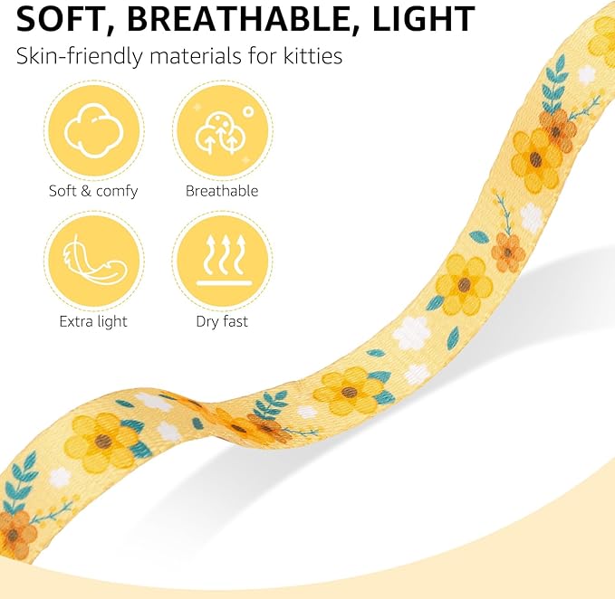 SCENEREAL Adjustable Cat Harness and Leash Set with AirTag Holder, Escape-Proof Design for Small to Large Cats, Lightweight Soft Travel Harness, Yellow Floral