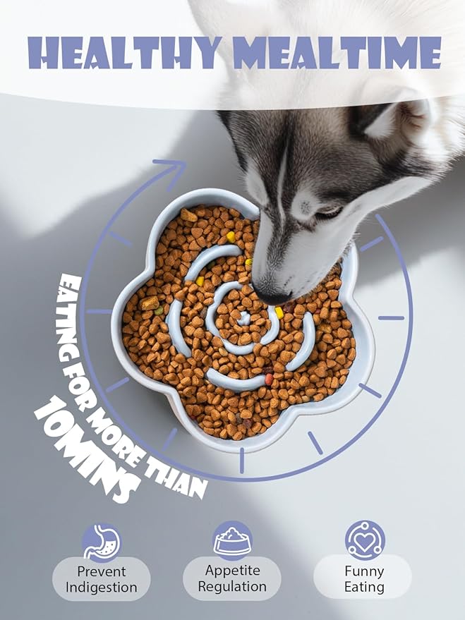 Ceramic Slow Feeder Dog Bowl, Anti-Choking Slow Food Bowls, 8" 11.3oz Slow Feeder for Medium, Large Breeds, Plum Puzzle Design, Non-Slip Silicone, Dishwasher and Microwave Safe, Blue