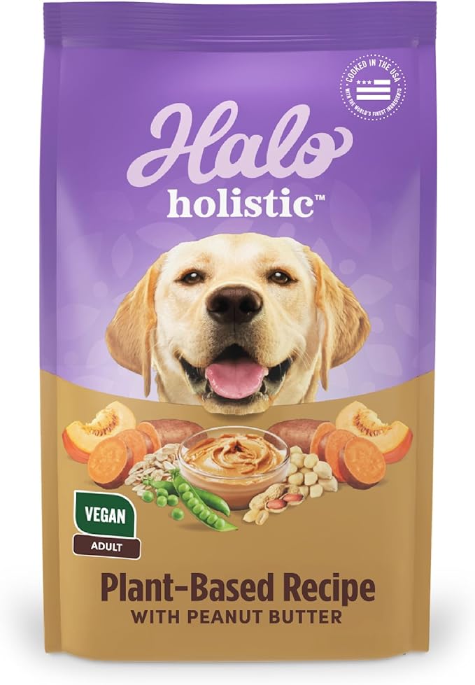 Halo Holistic Vegan Dog Food, Plant-Based Peanut Butter Recipe, Dry Dog Food, Complete Digestive Health, Kibble for Adult Dogs, 10 lb Bag