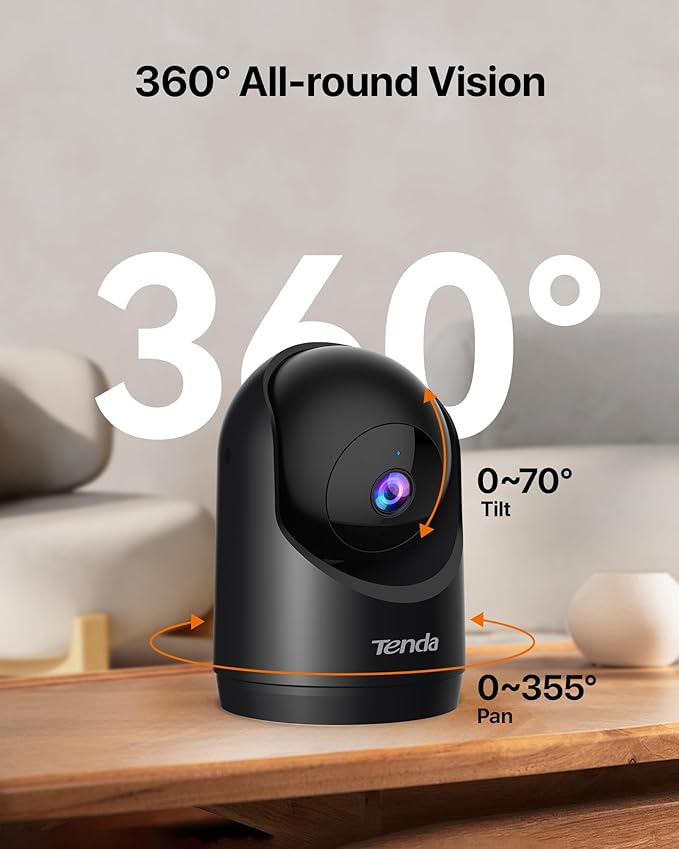 Tenda 2K Indoor Security Camera, WiFi6 Pet Camera for Home Security, 360°, 2-Way Audio, Motion Detection for Baby and Pet Monitor, Night Vision, Cloud & SD Card Storage, One-Touch Call (CP3 Black)