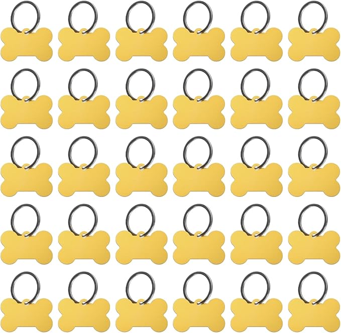 MECCANIXITY Bone Shaped Dog Tag Pet ID Tags, 38mmx25mm/1.5" x1 Metal Yellow Blank Dog Tags Cat Tags with Ring for Dog Cat, Pendant Crafts, Pack of 30