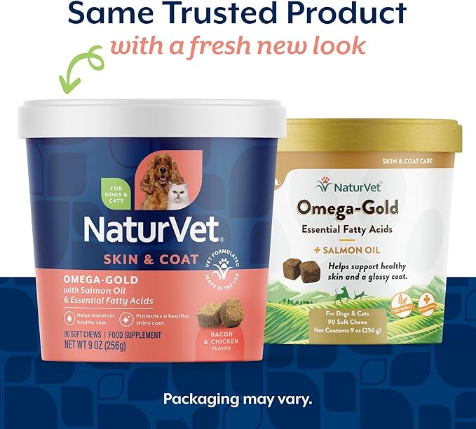 NaturVet – Omega-Gold Plus Salmon Oil | Supports Healthy Skin & Glossy Coat | Enhanced with DHA, EPA, Omega-3 & Omega-6 | for Dogs & Cats | 90 Soft Chews