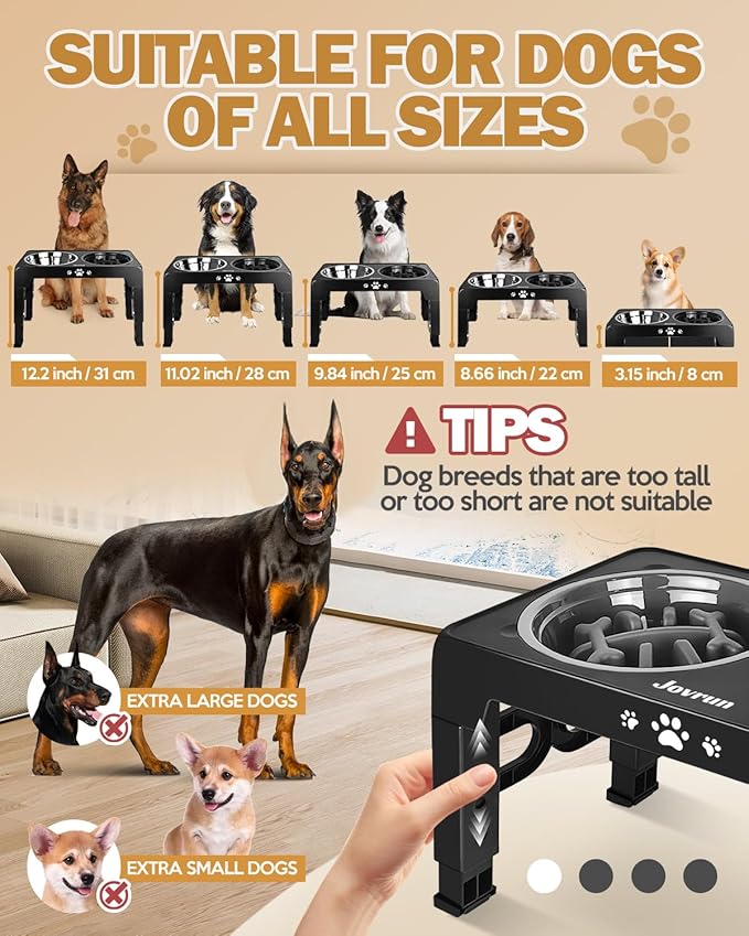 Elevated Dog Bowls, Dog Feeder with Stainless Steel Dishes & Slow Feeder Bowl, 5 Heights Adjustable Raised Stand for Medium Large, Food Dishes with Non-Slip Feet