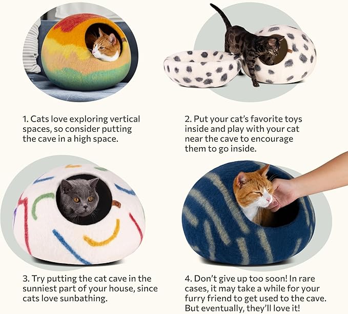 MEOWFIA Cat Cave – Premium Felt Cat Bed for Indoor Cats, Handmade 100% Merino Wool (Vivid Shades) (Medium, Snow Leopard)