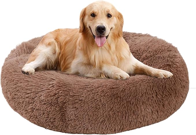Calming Dog Bed, Dog Beds Fits up to 80 lbs Pets, Fluffy Donut Dog & Cat Bed Washable, Round Anti Anxiety Dog Bed, Small Dog Bed with Non-Slip Bottom (Khaki, 36" x 36")