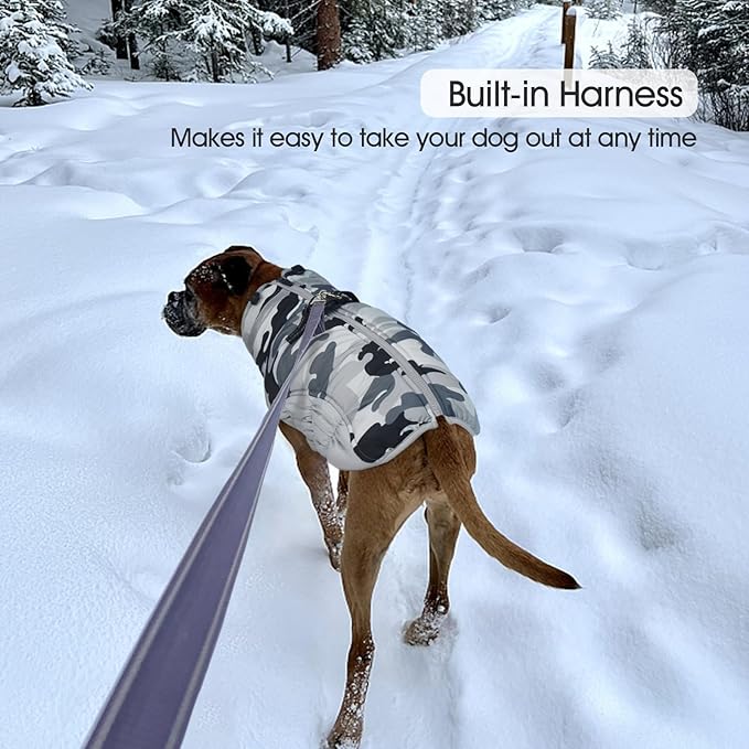 FUAMEY Dog Coat for Medium Dogs,Waterproof Dog Winter Jacket with Harness Built in Puppy Cold Weather Coats Reflective Pet Vest with Zipper Warm Fleece Dogs Snowsuit Windproof Grey Camo M