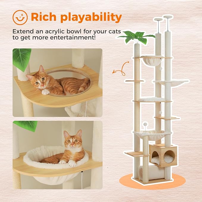 PEQULTI Floor to Ceiling Cat Tree 93.3’’-100.8’’ Height Adjustable Wooden Cat Tower Tall Climbing Play House with Scratching Posts, Cozy Condo, Perches and Large Hammock for Indoor Cats Beige