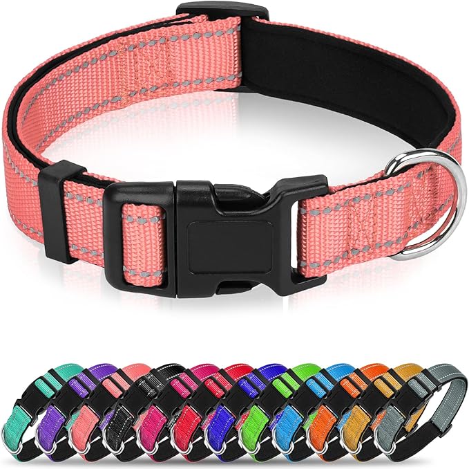 Reflective Dog Collar, Soft Neoprene Padded Nylon Pet Collar with Quick-Release Buckle, Adjustable for Extra Large Dogs,Neon Pink,XL