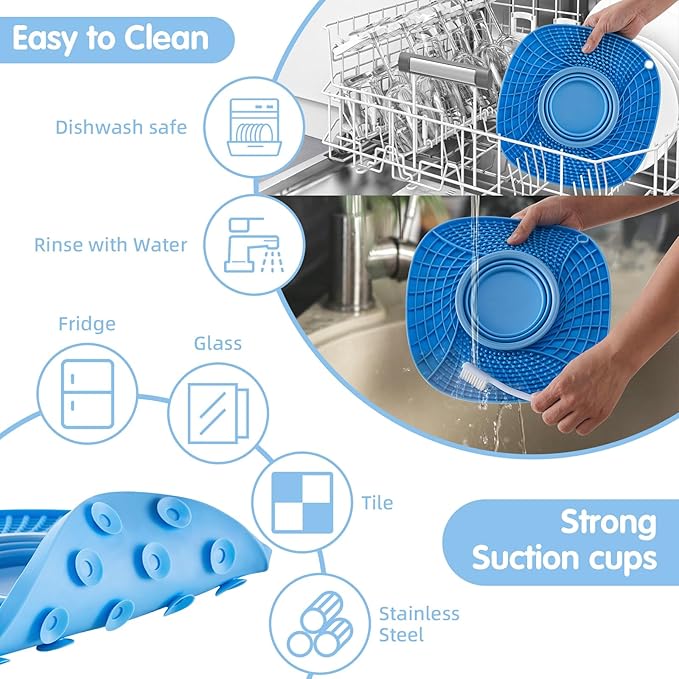 Lick Mat for Small Dogs and Cats with Suction Cups, Silicone Slow Feeder Lick Pad with Collapsible Bowl for Anxiety Relief, Pet Puzzle Treat Mat for Bathing Grooming Trimming (Blue)
