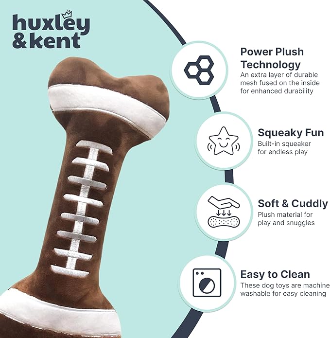 Huxley & Kent Funny Dog Toy w/Squeaker – Power Plush Squeaky Dog Toys for Small, Medium & Large Dogs – Soft Stuffed Animal for Indoor Play & Fetch - Football Bone, Small