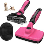 3PCS Self Cleaning Slicker Brush & Pet Grooming Rake & Bath Brush for Dogs,Cats and Horses | Double-Sided Dematting Comb & Skin Friendly Deshedding Grooming Tool | Premium Pet Supplies (Red Black)