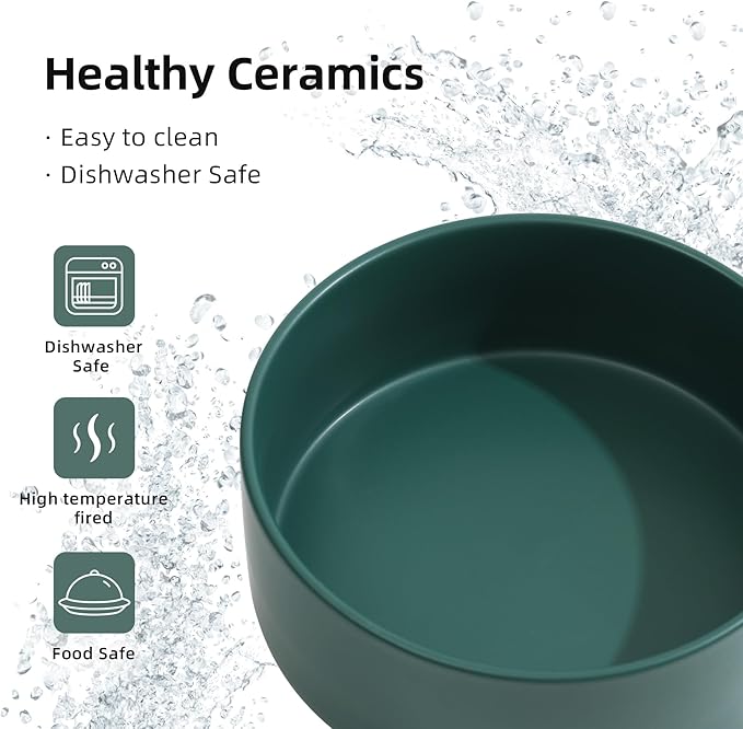 Ceramic Dog Bowl, Food and Water Bowl for Medium Breed Dog, Pet Bowl for Replacement (7.3 inch, Single Bowl, Green)