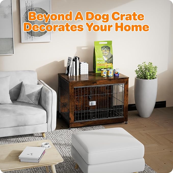 Dog Crate Furniture, Wooden Dog Crate 33in, Decorative Cage with End Table for Dog Indoor Kennel, High Anxiety Dog, Escape-Proof Locks for All Breeds