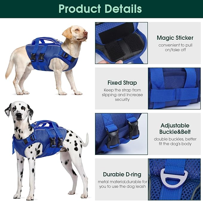 Kuoser Dog Life Jacket High Flotation, Reflective Dogs Life Vest for Swimming Boating, Adjustable Small Medium Large Dog lifejacket, Lightweight Dogs Life Preserver Rescue Handle Spring Summer Pool