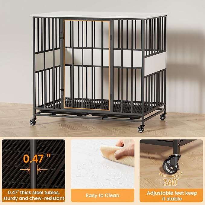 Dog Crate Furniture for Medium Dogs, 38 Inch Medium Kennel, Wooden Pet Cage Decorative Corner End Table with Caster Wheels & Double Removable Tray, White