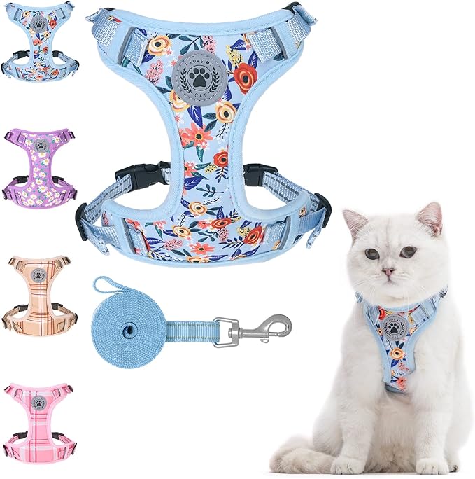BEAUTYZOO Cat Harness and Leash Set for Walking Escape Proof, Neck Release Adjustable Harness for Kitten Puppy Small Medium Large Cats, Soft Cute Easy Control Small Cat Harness for Cats Boy and Girls