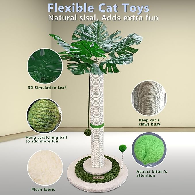 Cat Scratching Post 38" Tall Scratching Post for Indoor Cats Cat Scratcher Cat Tree Wrapped Sisal Rope Large Cat Scratching Post Cute Cat Scratching with Interactive Dangling Balls and Spring Ball
