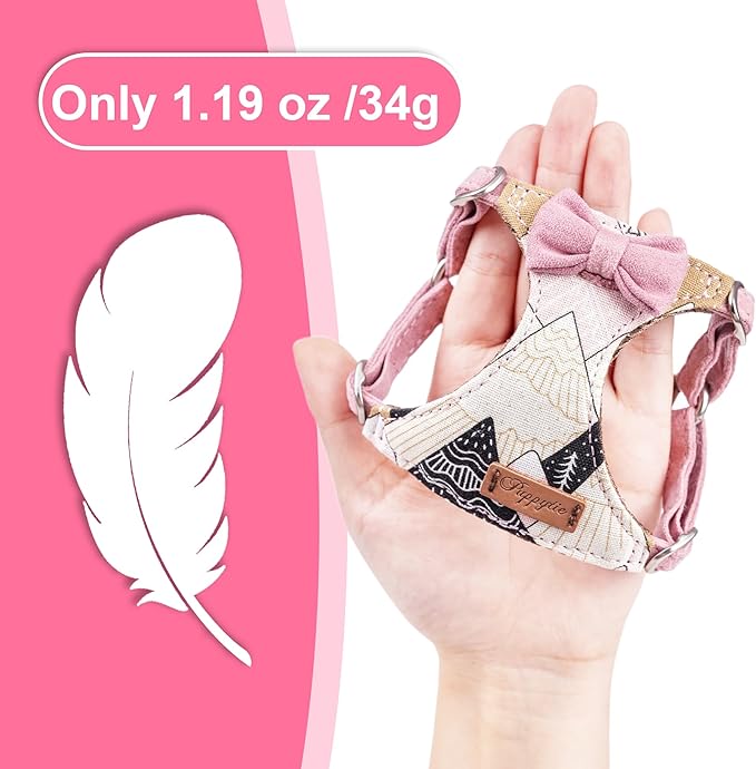 Puppytie No Pull xs Dog Harness with Multifunction Dog Leash,Soft Adjustable No Choke Escape Proof Pet Harness Vest,Suede Bow Pink,XXS