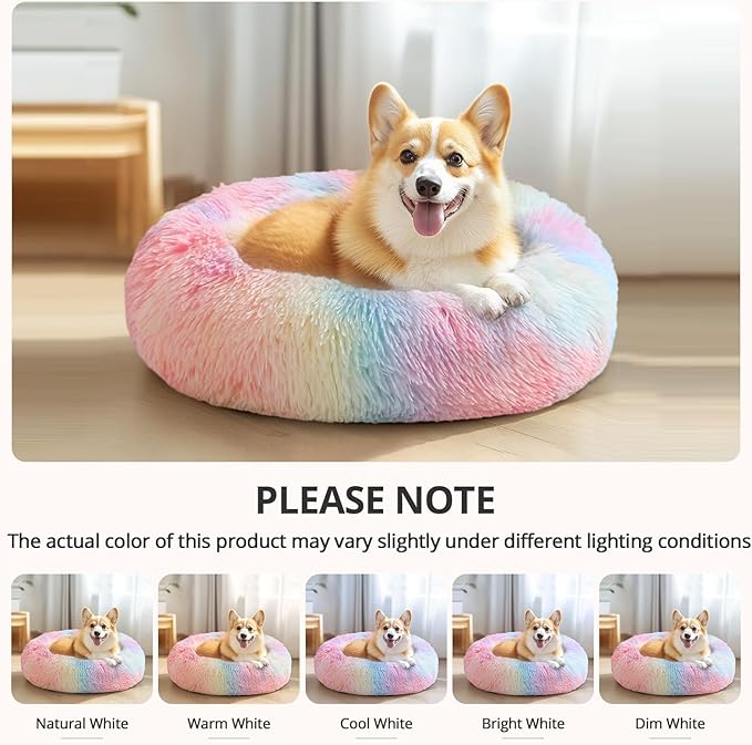 JOLLYVOGUE Large Calming Dog Bed, Anti-Anxiety Donut Cuddler Cat Bed with Anti-Slip Bottom, Fluffy Faux Fur Machine Washable Pet Cushion for Medium Large Dog & Cat, 36"/Rainbow