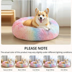 JOLLYVOGUE Small Dog & Cat Beds for Indoor Cats, Donut Cuddler Warming Soft Dog Beds with Anti-Slip Bottom, Round Calming Fluffy Plush Faux Fur Cushion Bed for Medium Dogs (27", Rainbow)