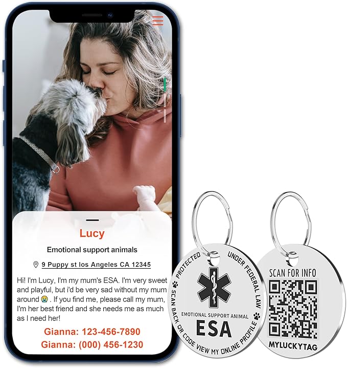 MYLUCKYTAG QR Code ESA Emotional Support Dog ID Tag - Pet Online Profile - Scan QR Receive Instant Pet Location Alert Email