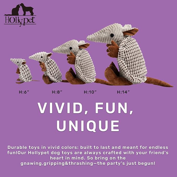 Hollypet Plush Dog Squeaky Toy Stuffed Armadillo Animal Pet Puppy Chew Toys with Clean Teeth for Small Medium Large All Breed Sizes Dogs, Gray, 6 in