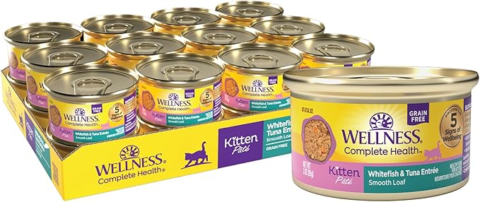 Wellness Complete Health Pate Kitten Wet Cat Food, Natural, Protein-Rich, Grain-Free, 3 Ounce, 24 Pack, (Whitefish & Tuna)