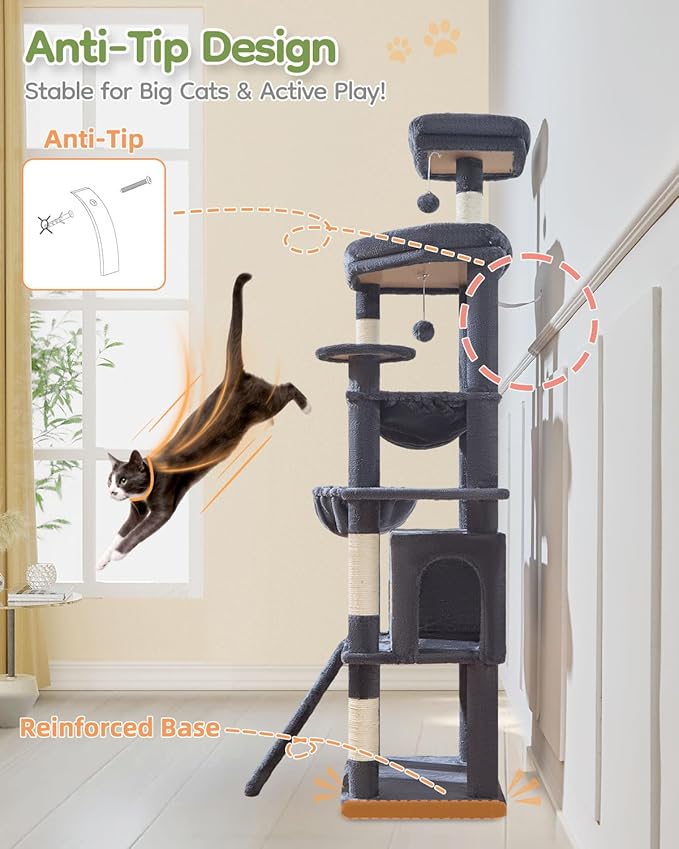 Taoqimiao 72 Inches Cat Tree for Large Cats, Multi-Level Tall Cat Tower, Widened Cat Condo with Large Scratch Board, 5 Scratching Posts, Metal Hammcock, Cozy Basket, Smoky Gray, MS045G