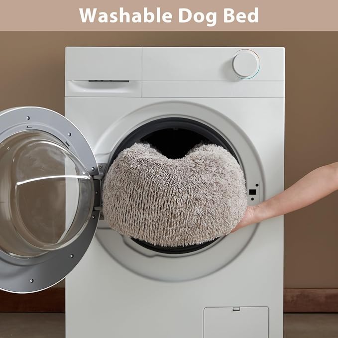 WNPETHOME Calming Dog Bed & Cat Bed, Anti-Anxiety Donut Small Dog Bed, Fluffy Faux Fur Cats Cushion Puppy Bed for Small Pets and Cats (24 x 24 inch, Light Coffee)